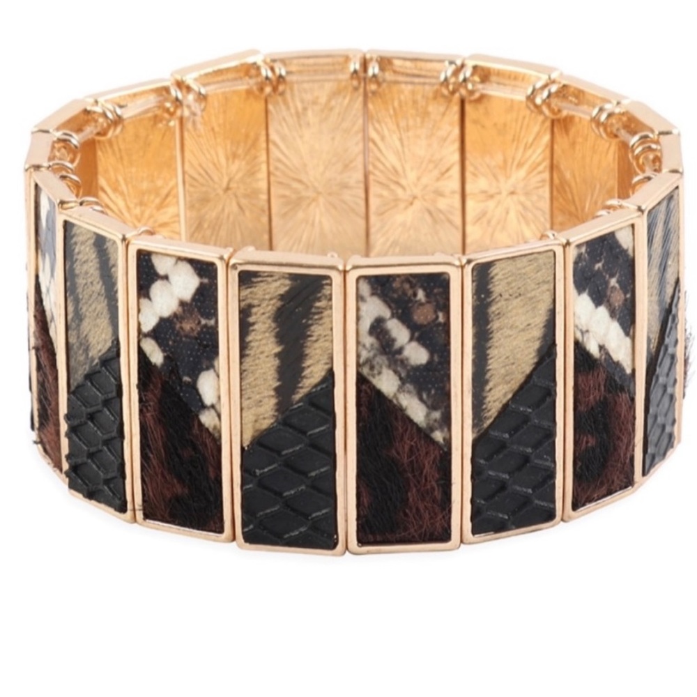 NWT! Faux Leather Leopard Multi Mix Gold Stretch Gorgeous Bracelet - Picture 1 of 3
